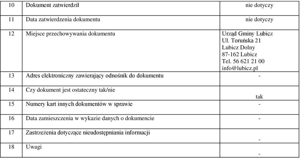 Numery kart innych dokumentów w sprawie