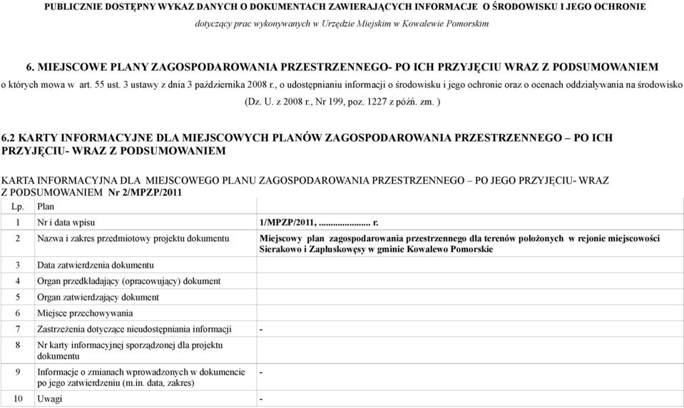 2 KARTY INFORMACYJNE DLA MIEJSCOWYCH PLANÓW ZAGOSPODAROWANIA PRZESTRZENNEGO PO ICH PRZYJĘCIU- WRAZ Z PODSUMOWANIEM KARTA INFORMACYJNA DLA MIEJSCOWEGO PLANU ZAGOSPODAROWANIA PRZESTRZENNEGO PO JEGO