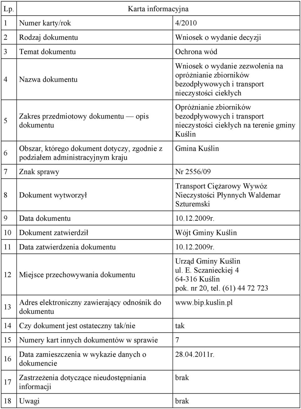 Transport Ciężarowy Wywóz Nieczystości Płynnych Waldemar Szturemski 11 Data zatwierdzenia