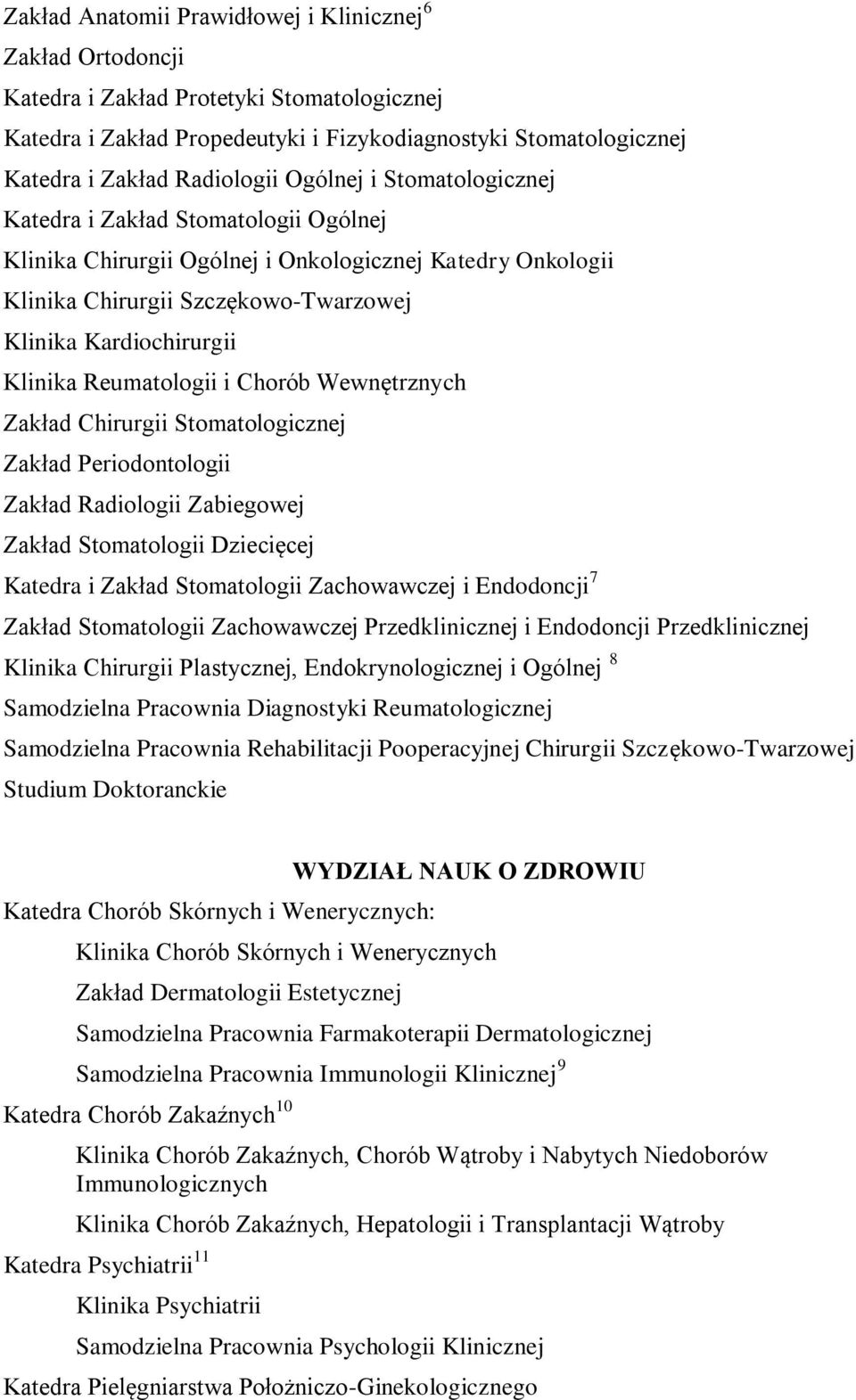 Reumatologii i Chorób Wewnętrznych Zakład Chirurgii Stomatologicznej Zakład Periodontologii Zakład Radiologii Zabiegowej Zakład Stomatologii Dziecięcej Katedra i Zakład Stomatologii Zachowawczej i