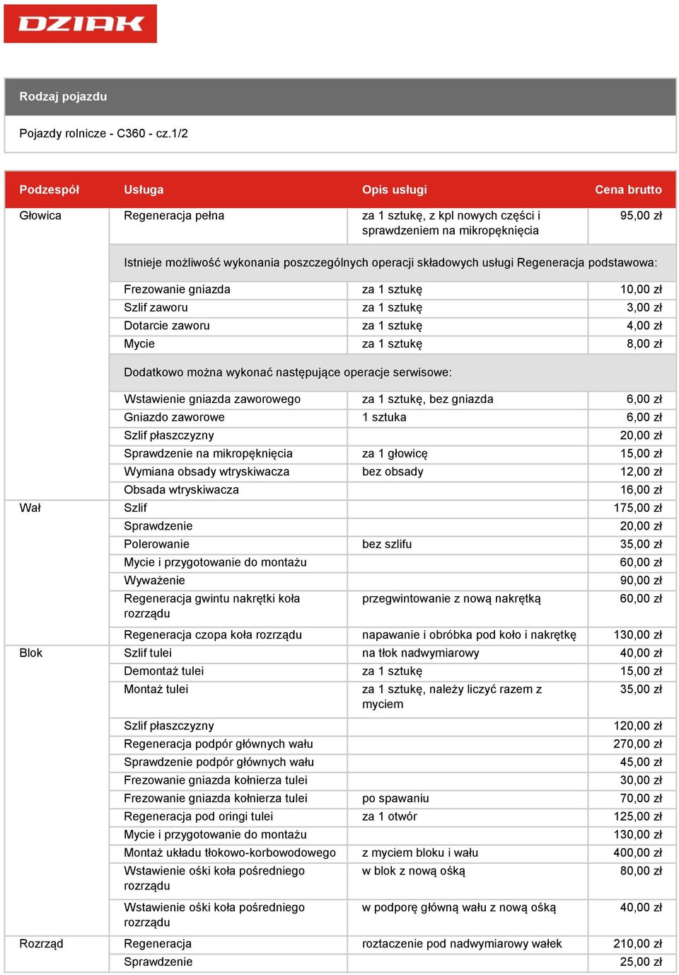 4,00 zł Mycie za 1 sztukę 8,00 zł Wał Rozrząd Wstawienie gniazda zaworowego za 1 sztukę, bez gniazda 6,00 zł Gniazdo zaworowe 1 sztuka 6,00 zł 20,00 zł Sprawdzenie na mikropęknięcia za 1 głowicę