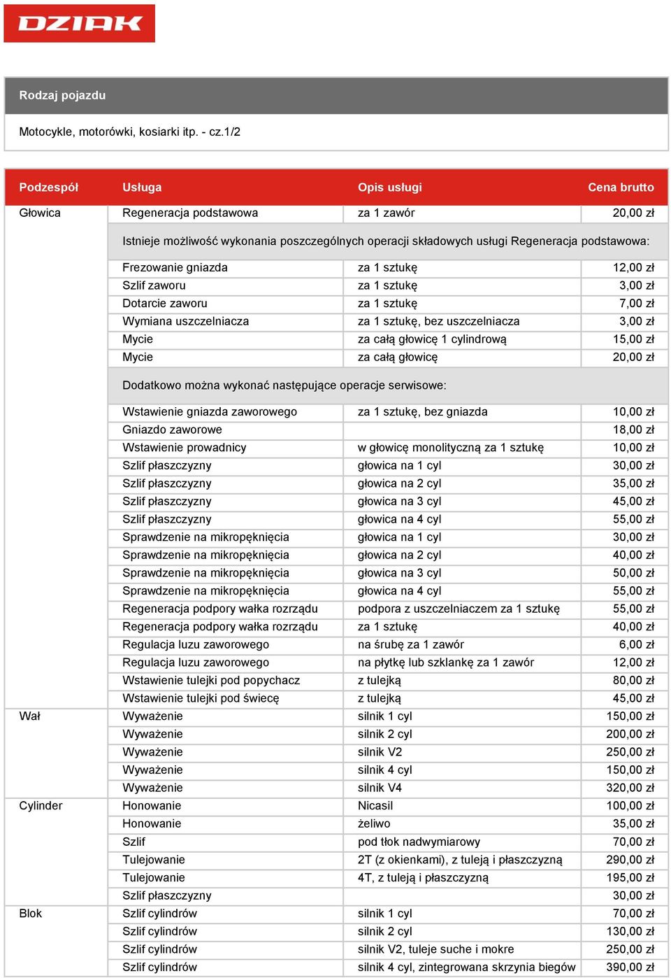 uszczelniacza 3,00 zł Mycie za całą głowicę 1 cylindrową 15,00 zł Mycie za całą głowicę 20,00 zł Wał Cylinder Wstawienie gniazda zaworowego za 1 sztukę, bez gniazda 10,00 zł Gniazdo zaworowe 18,00 zł