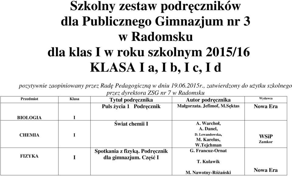 , zatwierdzony do użytku szkolnego przez dyrektora ZSG nr 7 w Radomsku Przedmiot Klasa Tytuł podręcznika Autor podręcznika Wydawca Puls życia 1