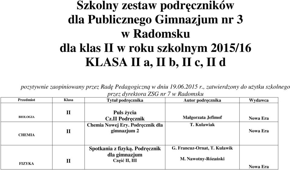 , zatwierdzony do użytku szkolnego przez dyrektora ZSG nr 7 w Radomsku Przedmiot Klasa Tytuł podręcznika Autor podręcznika Wydawca BOLOGA