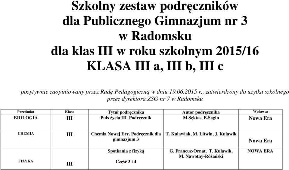 , zatwierdzony do użytku szkolnego przez dyrektora ZSG nr 7 w Radomsku Przedmiot Klasa Tytuł podręcznika Autor podręcznika Wydawca BOLOGA