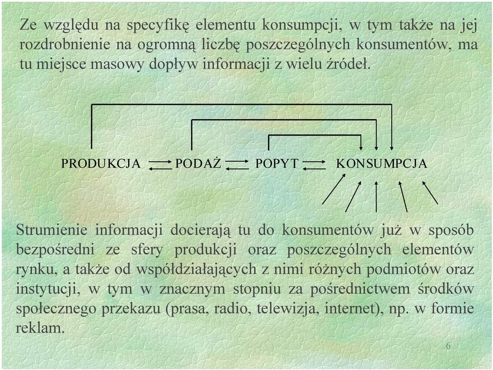 PRODUKCJA PODAŻ POPYT KONSUMPCJA Strumienie informacji docierają tu do konsumentów już w sposób bezpośredni ze sfery produkcji oraz