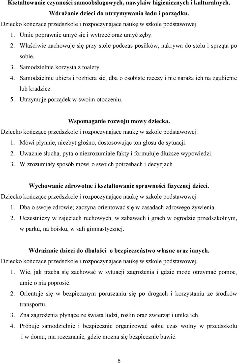 Właściwie zachowuje się przy stole podczas posiłków, nakrywa do stołu i sprząta po sobie. 3. Samodzielnie korzysta z toalety. 4.