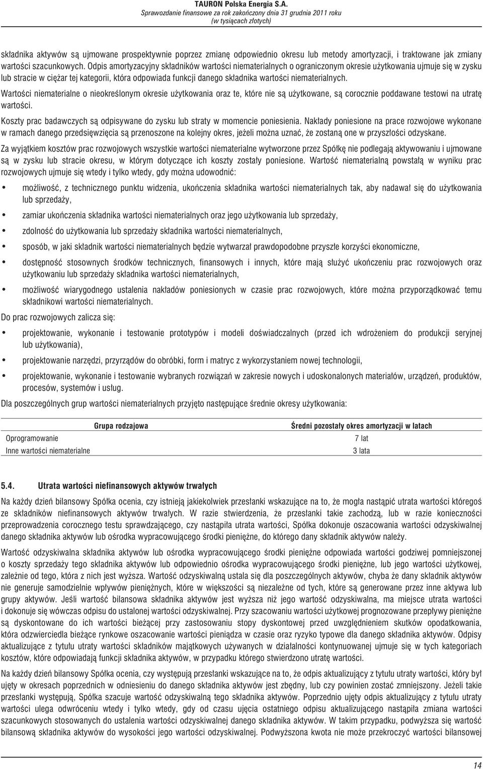 niematerialnych. Wartoœci niematerialne o nieokreœlonym okresie u ytkowania oraz te, które nie s¹ u ytkowane, s¹ corocznie poddawane testowi na utratê wartoœci.