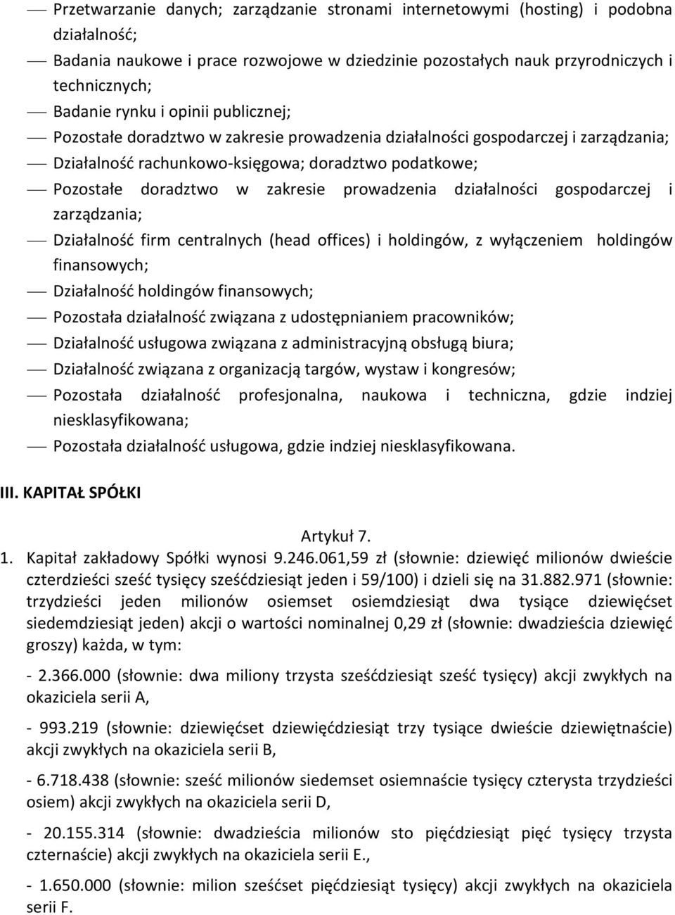 prowadzenia działalności gospodarczej i zarządzania; Działalność firm centralnych (head offices) i holdingów, z wyłączeniem holdingów finansowych; Działalność holdingów finansowych; Pozostała
