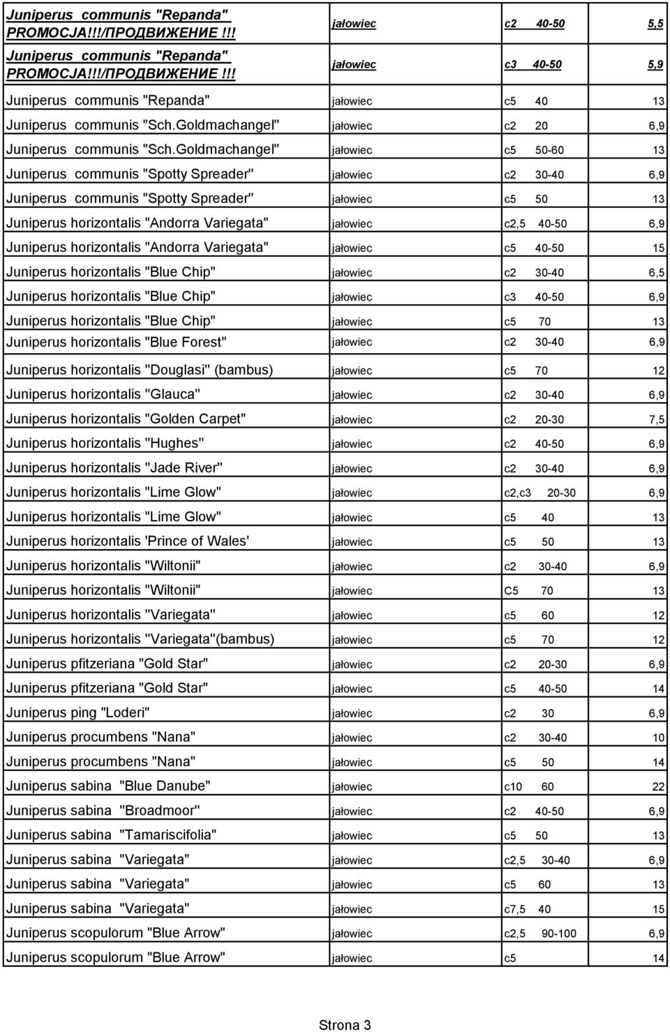 Goldmachangel'' jałowiec c5 50-60 13 Juniperus communis "Spotty Spreader'' jałowiec c2 30-40 6,9 Juniperus communis "Spotty Spreader'' jałowiec c5 50 13 Juniperus horizontalis "Andorra Variegata"