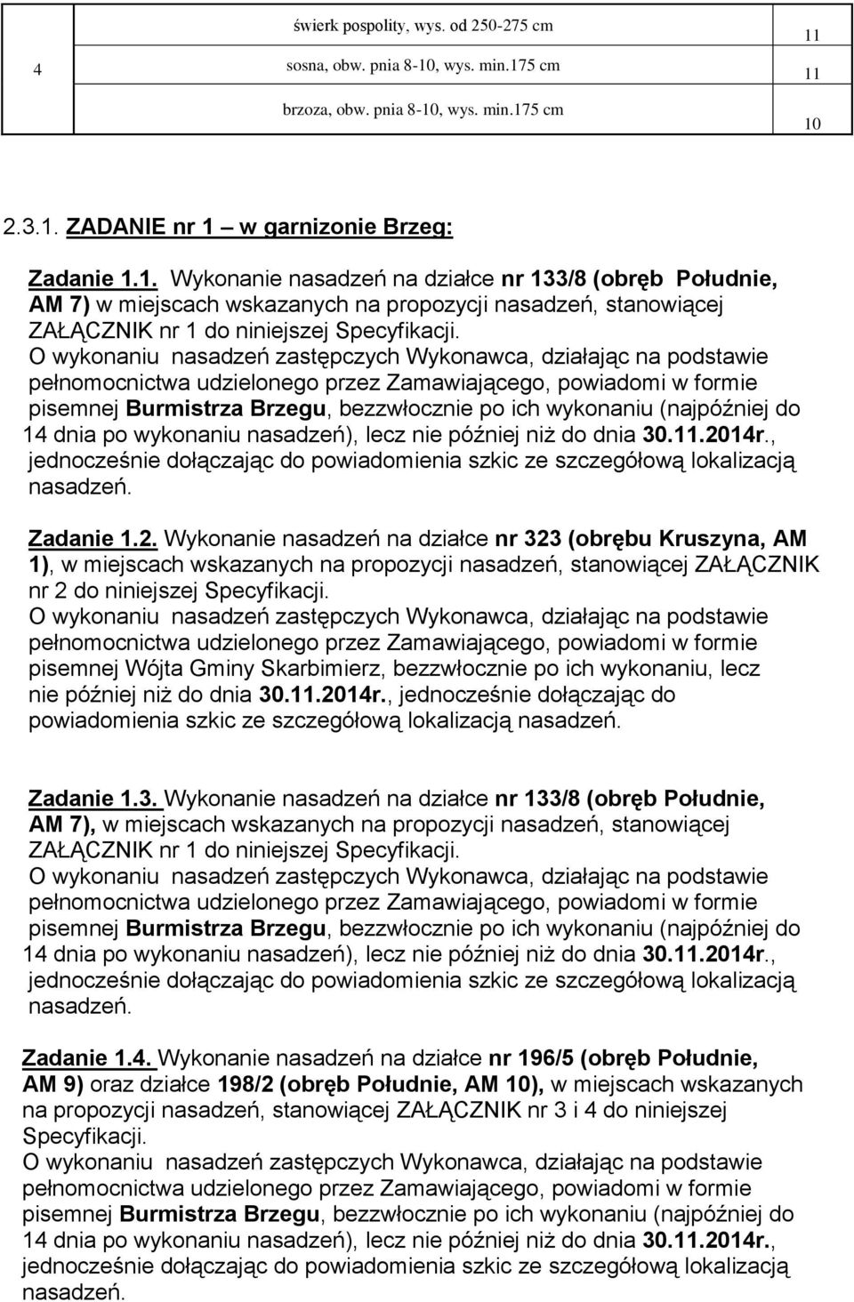 pisemnej Burmistrza Brzegu, bezzwłocznie po ich wykonaniu (najpóźniej do 14 dnia po wykonaniu nasadzeń), lecz nie później niż do dnia 30.11.2014r.