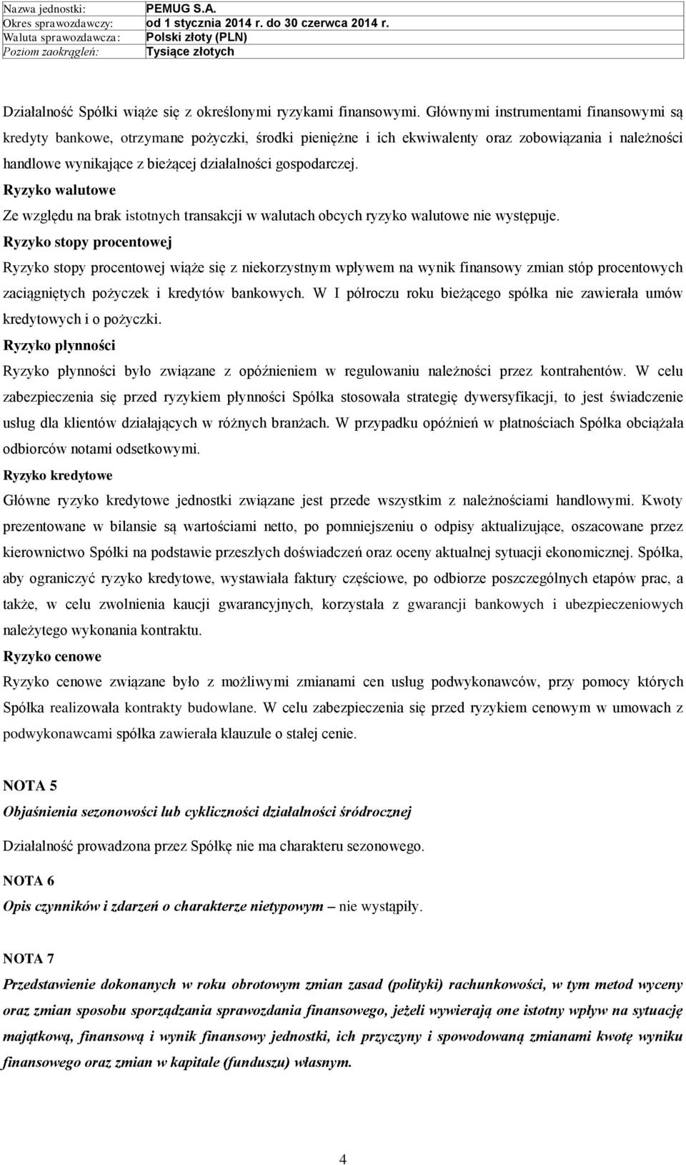 Ryzyko walutowe Ze względu na brak istotnych transakcji w walutach obcych ryzyko walutowe nie występuje.