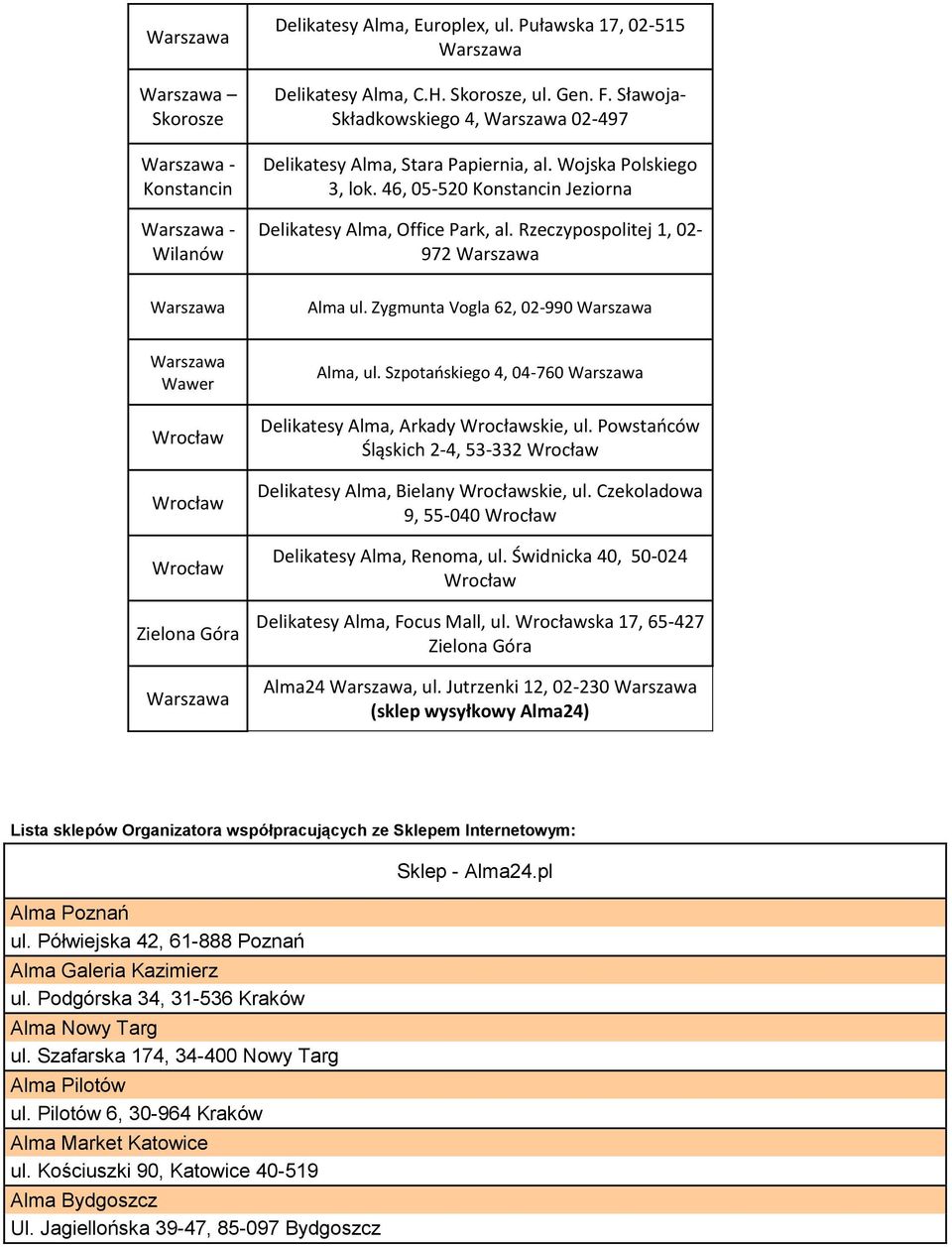Zygmunta Vogla 62, 02-990 Wawer Wrocław Wrocław Wrocław Zielona Góra Alma, ul. Szpotańskiego 4, 04-760 Delikatesy Alma, Arkady Wrocławskie, ul.