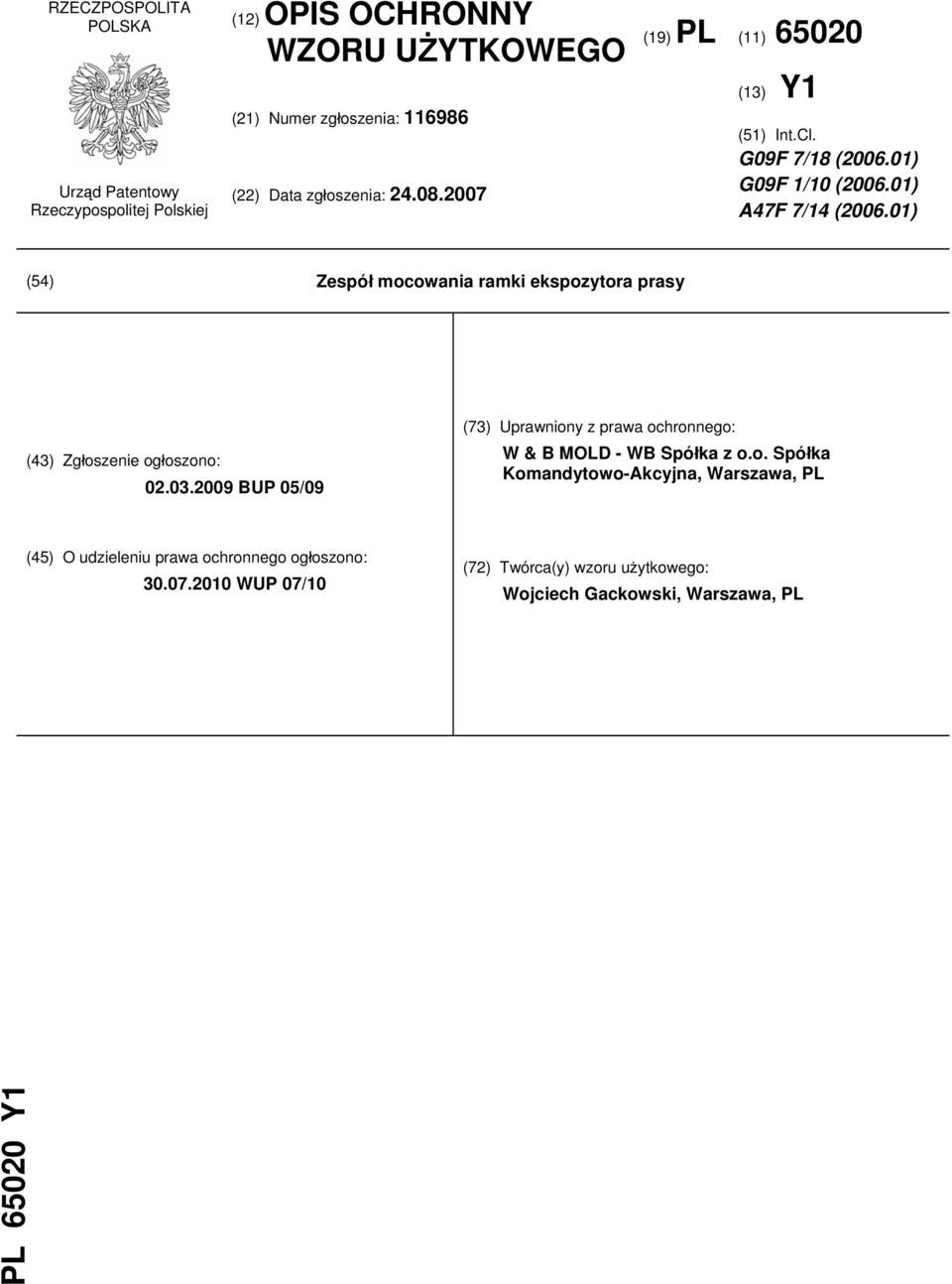 01) (54) Zespół mocowania ramki ekspozytora prasy (43) Zgłoszenie ogłoszono: 02.03.