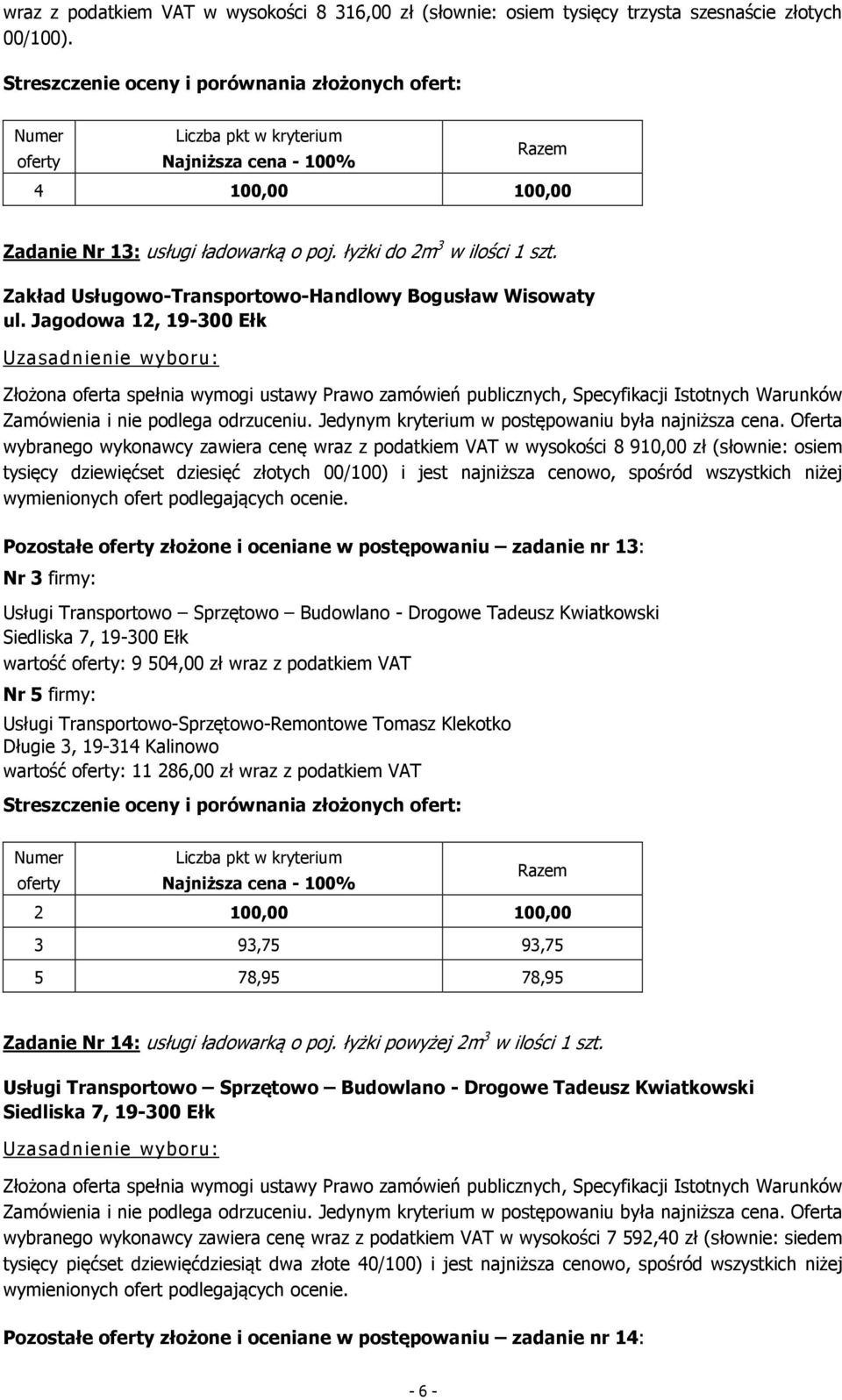 Oferta wybranego wykonawcy zawiera cenę wraz z podatkiem VAT w wysokości 8 910,00 zł (słownie: osiem tysięcy dziewięćset dziesięć złotych 00/100) i jest najniższa cenowo, spośród wszystkich niżej