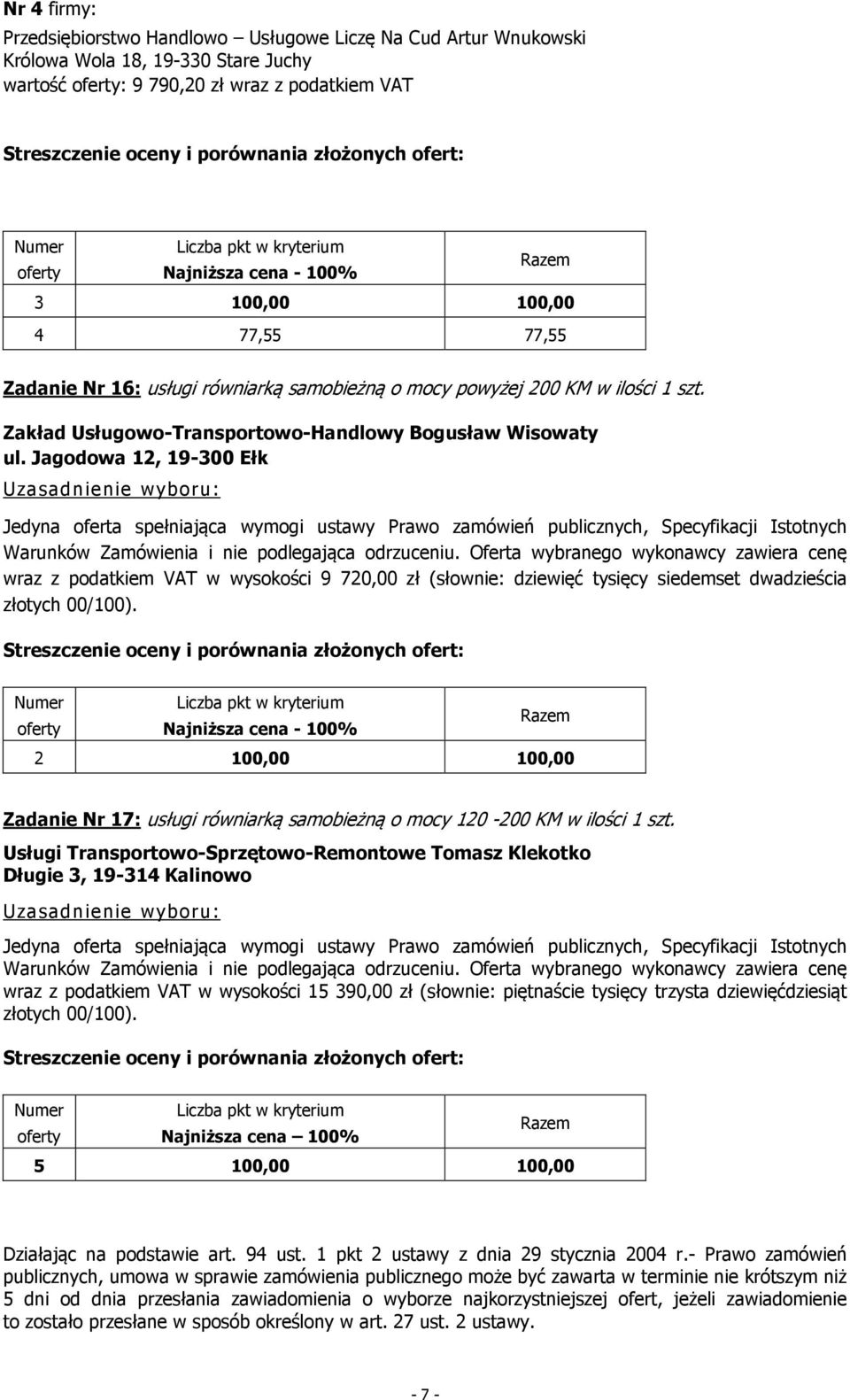 2 100,00 100,00 Zadanie Nr 17: usługi równiarką samobieżną o mocy 120-200 KM w ilości 1 szt.