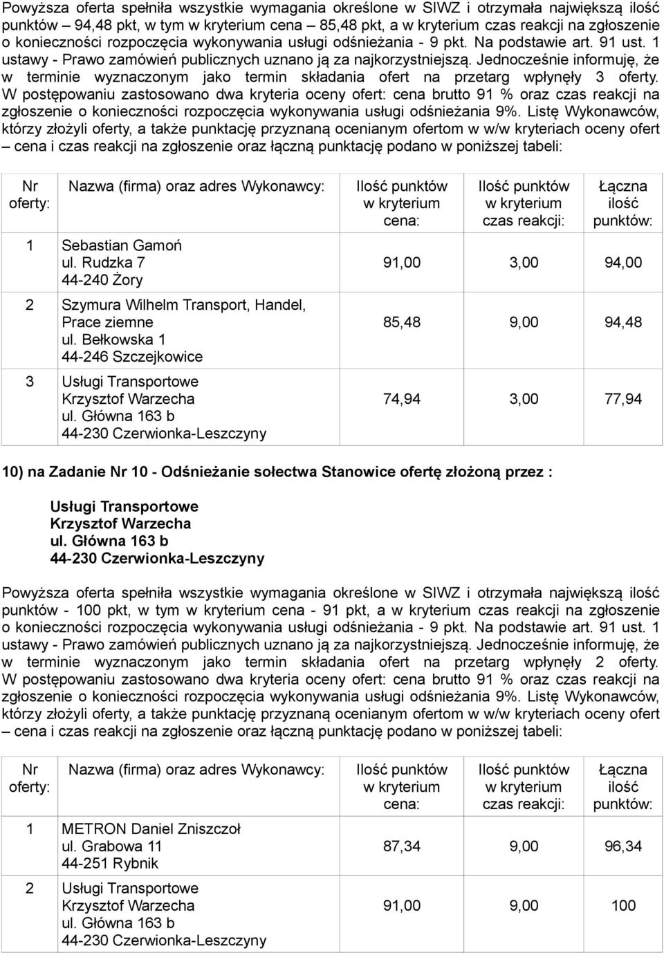 Główna 163 b 91,00 3,00 94,00 85,48 9,00 94,48 74,94 3,00 77,94 10) na Zadanie 10 - Odśnieżanie sołectwa Stanowice ofertę złożoną przez : Usługi Transportowe Krzysztof Warzecha ul.