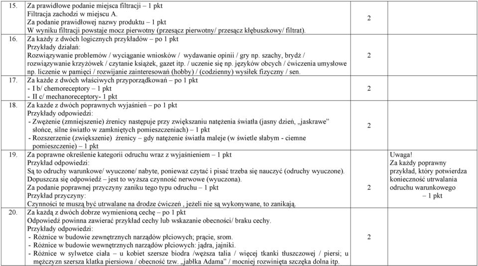 Za każdy z dwóch logicznych przykładów po 1 pkt Przykłady działań: Rozwiązywanie problemów / wyciąganie wniosków / wydawanie opinii / gry np.