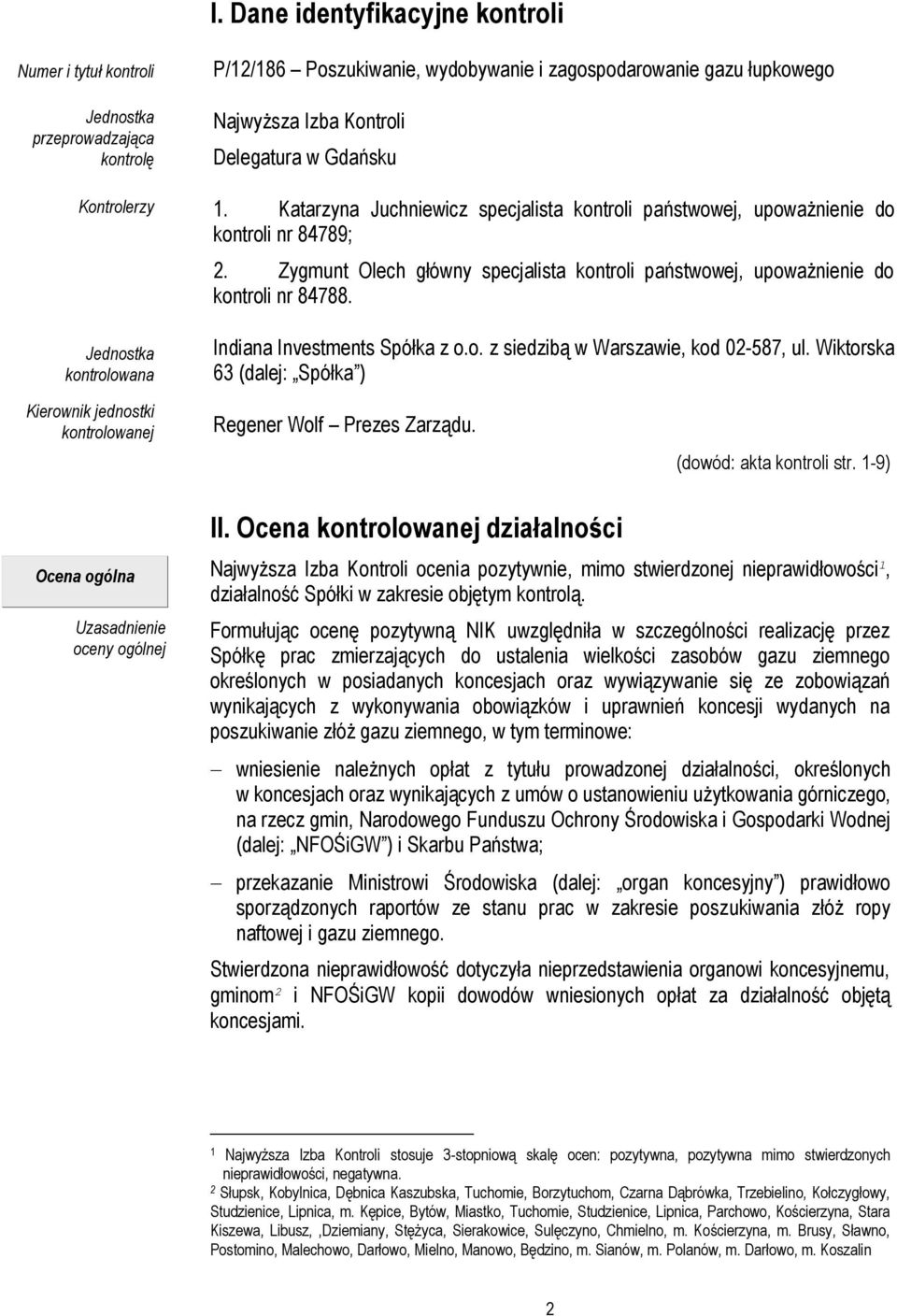 Zygmunt Olech główny specjalista kontroli państwowej, upoważnienie do kontroli nr 84788. Jednostka kontrolowana Indiana Investments Spółka z o.o. z siedzibą w Warszawie, kod 02-587, ul.