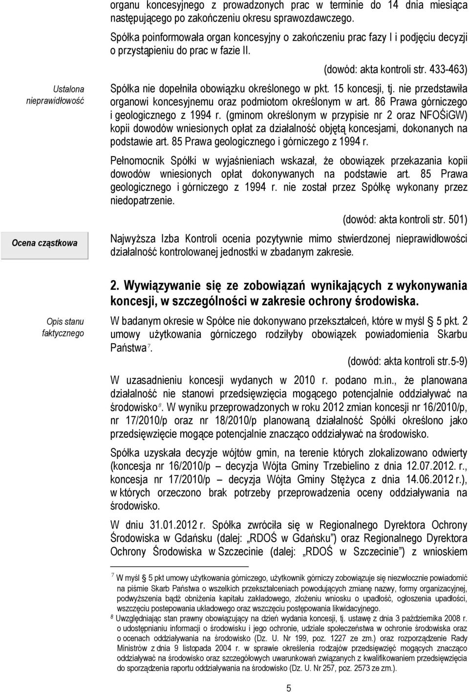 433-463) Spółka nie dopełniła obowiązku określonego w pkt. 15 koncesji, tj. nie przedstawiła organowi koncesyjnemu oraz podmiotom określonym w art. 86 Prawa górniczego i geologicznego z 1994 r.