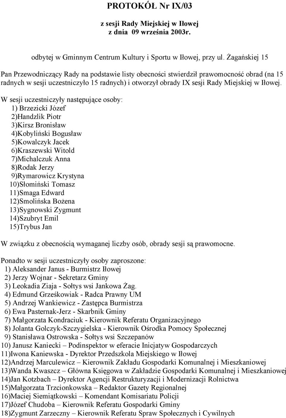 W sesji uczestniczyły następujące osoby: 1) Brzezicki Józef 2)Handzlik Piotr 3)Kirsz Bronisław 4)Kobyliński Bogusław 5)Kowalczyk Jacek 6)Kraszewski Witold 7)Michalczuk Anna 8)Rodak Jerzy 9)Rymarowicz