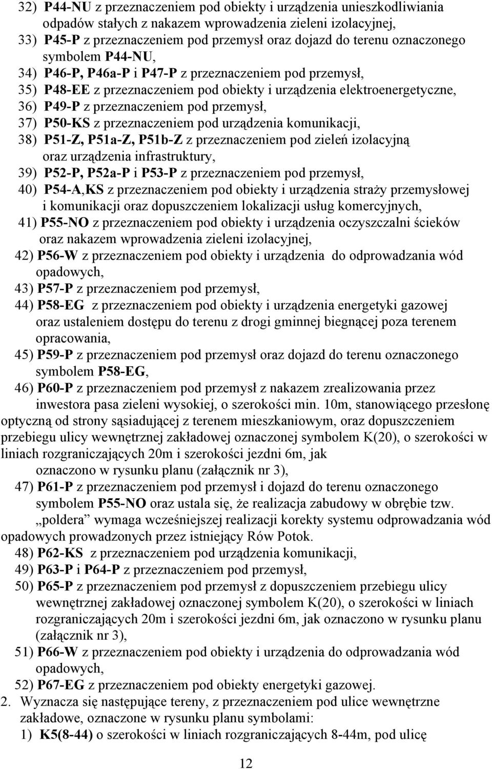 przemysł, 37) P50-KS z przeznaczeniem pod urządzenia komunikacji, 38) P51-Z, P51a-Z, P51b-Z z przeznaczeniem pod zieleń izolacyjną oraz urządzenia infrastruktury, 39) P52-P, P52a-P i P53-P z