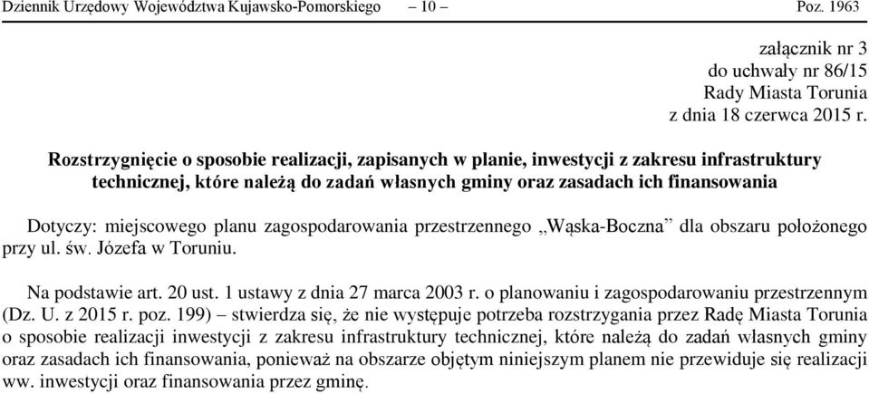 planu zagospodarowania przestrzennego Wąska-Boczna dla obszaru położonego przy ul. św. Józefa w Toruniu. Na podstawie art. 20 ust. 1 ustawy z dnia 27 marca 2003 r.