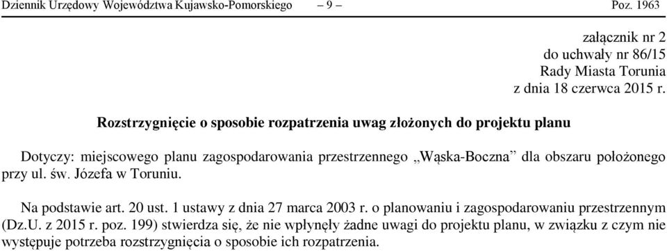 r. Dotyczy: miejscowego planu zagospodarowania przestrzennego Wąska-Boczna dla obszaru położonego przy ul. św. Józefa w Toruniu. Na podstawie art. 20 ust.