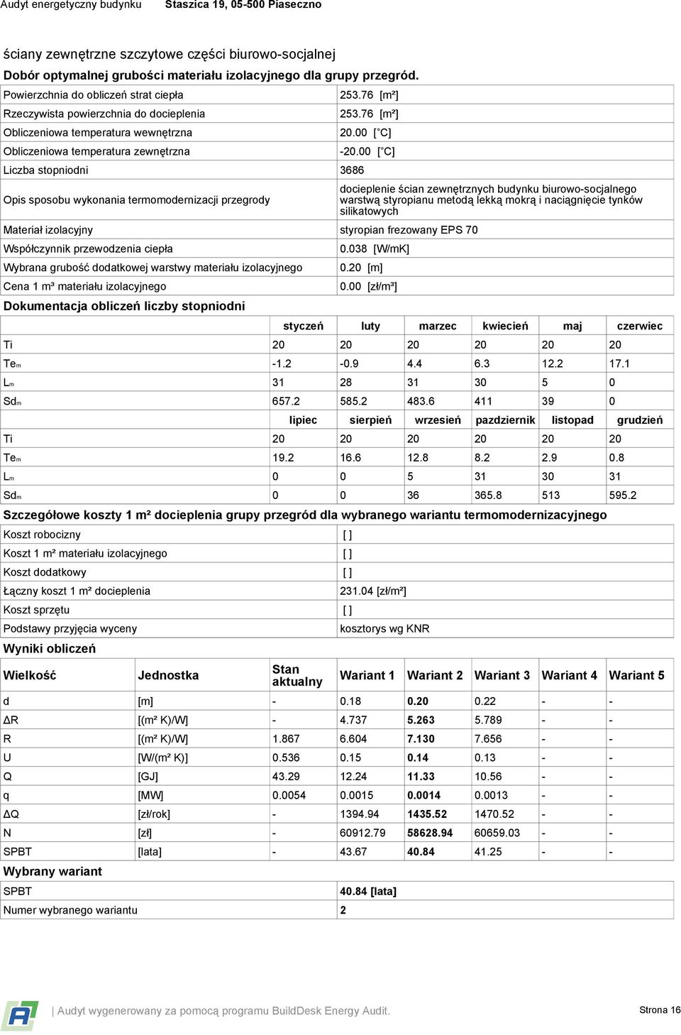 termomodernizacji przegrody 253.76 [m²] 253.76 [m²] 20.00 [ C] -20.