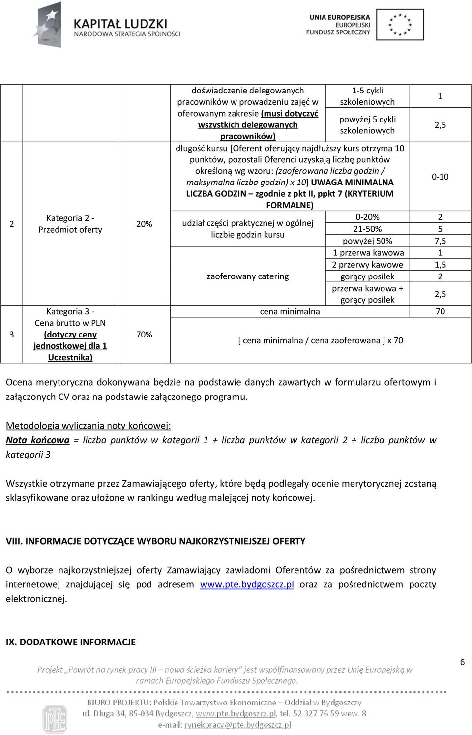 Oferenci uzyskają liczbę punktów określoną wg wzoru: (zaoferowana liczba godzin / maksymalna liczba godzin) x 10] UWAGA MINIMALNA LICZBA GODZIN zgodnie z pkt II, ppkt 7 (KRYTERIUM FORMALNE) udział