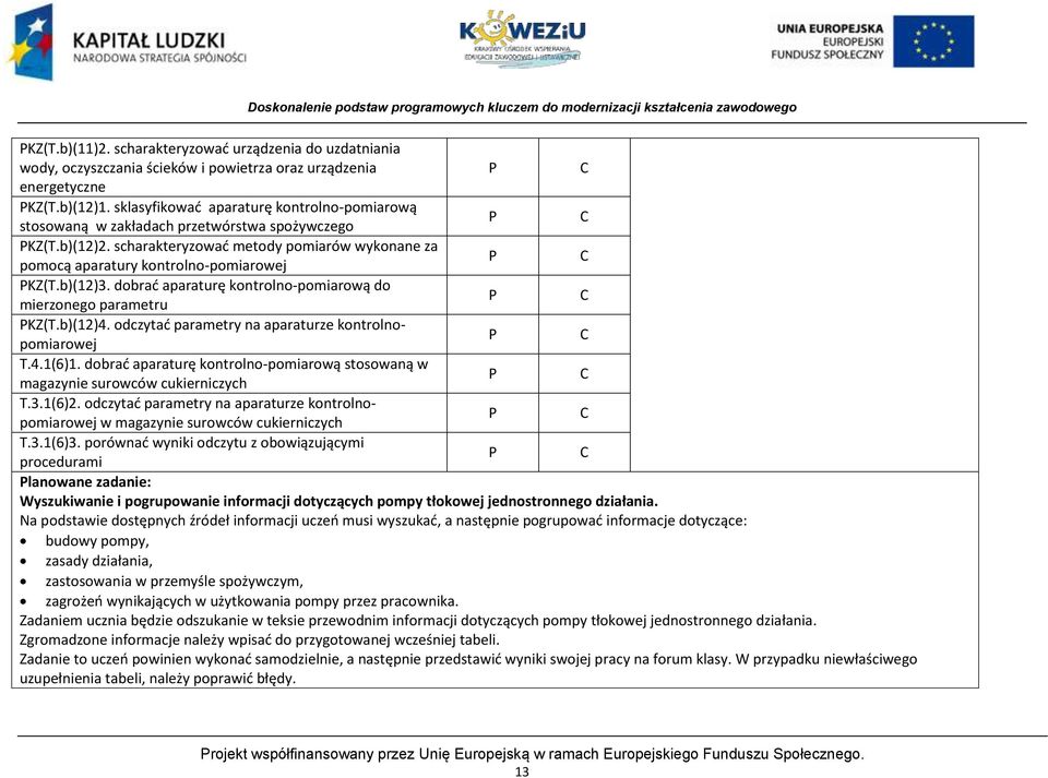 b)(12)3. dobrad aparaturę kontrolno-pomiarową do mierzonego parametru KZ(T.b)(12)4. odczytad parametry na aparaturze kontrolnopomiarowej T.4.1(6)1.