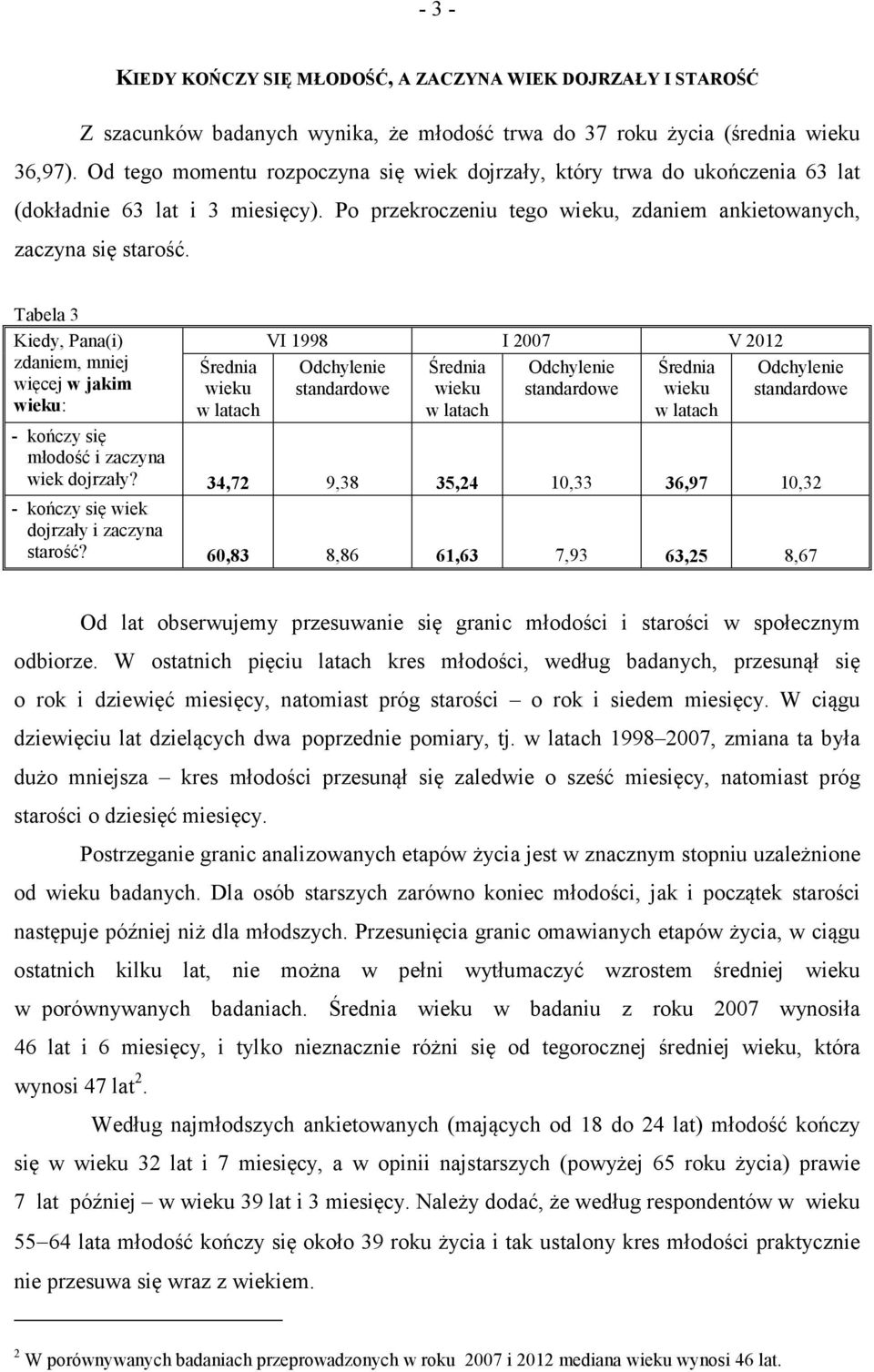 Tabela 3 Kiedy, Pana(i) zdaniem, mniej więcej w jakim wieku: Średnia wieku w latach VI 1998 I 2007 V 2012 Odchylenie standardowe Średnia wieku w latach Odchylenie standardowe Średnia wieku w latach