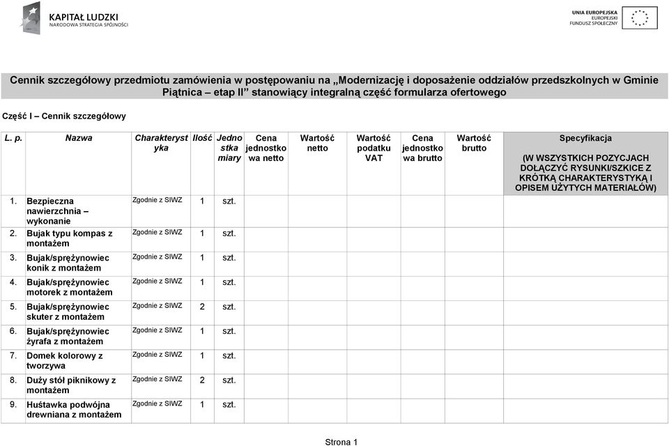 montażem Cena jednostko wa netto Wartość netto Wartość podatku VAT Cena jednostko wa brutto Wartość brutto Specyfikacja (W WSZYSTKICH POZYCJACH DOŁĄCZYĆ RYSUNKI/SZKICE Z KRÓTKĄ CHARAKTERYSTYKĄ I