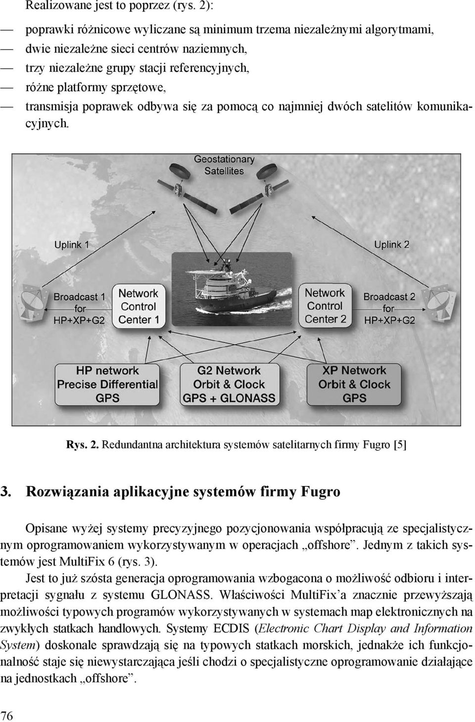 transmisja poprawek odbywa się za pomocą co najmniej dwóch satelitów komunikacyjnych. Rys. 2. Redundantna architektura systemów satelitarnych firmy Fugro [5] 3.