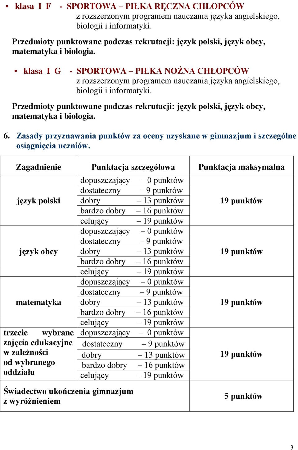 Zasady przyznawania punktów za oceny uzyskane w gimnazjum i szczególne osiągnięcia uczniów.