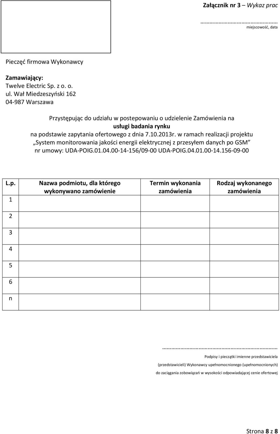 w ramach realizacji projektu System monitorowania jakości energii elektrycznej z przesyłem danych po GSM nr umowy: UDA-POIG.01.04.00-14-156/09-00 UDA-POIG.04.01.00-14.156-09-00 L.p. 1 Nazwa podmiotu, dla którego wykonywano zamówienie Termin wykonania zamówienia Rodzaj wykonanego zamówienia 2 3 4 5 6 n.