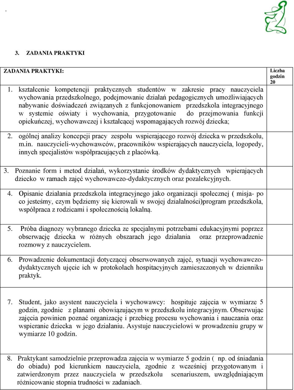 funkcjonowaniem przedszkola integracyjnego w systemie oświaty i wychowania, przygotowanie do przejmowania funkcji opiekuńczej, wychowawczej i kształcącej wspomagających rozwój dziecka; Liczba godzin