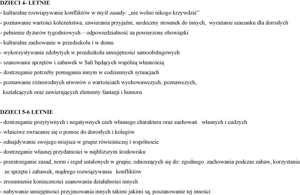 samoobsługowych - szanowanie sprzętów i zabawek w Sali będących wspólną własnością - dostrzeganie potrzeby pomagania innym w codziennych sytuacjach - poznawanie różnorodnych utworów o wartościach