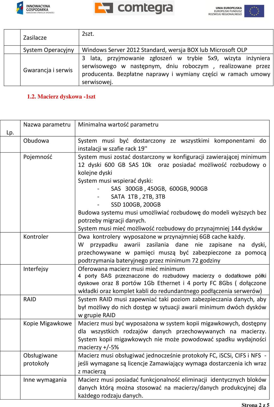 Bezpłatne naprawy i wymiany części w ramach umowy serwisowej. 1.2. Macierz dyskowa -1szt Lp.