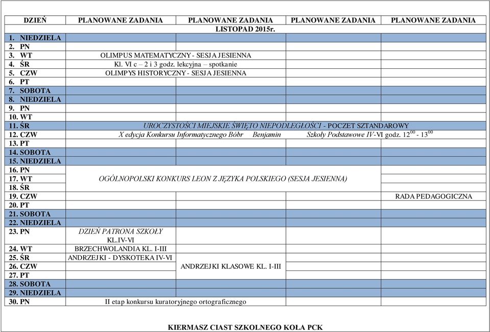 SOBOTA 15. NIEDZIELA 16. PN 17. WT OGÓLNOPOLSKI KONKURS LEON Z JĘZYKA POLSKIEGO (SESJA JESIENNA) 18. ŚR 19. CZW RADA PEDAGOGICZNA 20. PT 21. SOBOTA 22. NIEDZIELA 23. PN DZIEŃ PATRONA SZKOŁY KL.