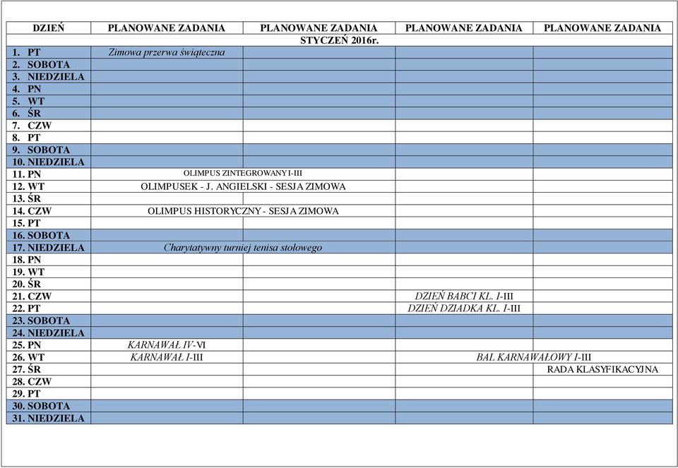 SOBOTA 17. NIEDZIELA Charytatywny turniej tenisa stołowego 18. PN 19. WT 20. ŚR 21. CZW DZIEŃ BABCI KL. I-III 22. PT DZIEŃ DZIADKA KL.