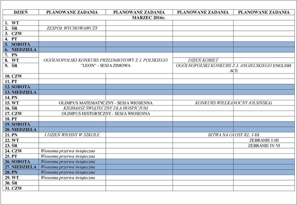WT OLIMPUS MATEMATYCZNY - SESJA WIOSENNA KONKURS WIELKANOCNY (OLSIŃSKA) 16. ŚR KIERMASZ ŚWIĄTECZNY DLA HOSPICJUM 17. CZW OLIMPUS HISTORYCZNY - SESJA WIOSENNA 18. PT 19. SOBOTA 20. NIEDZIELA 21.