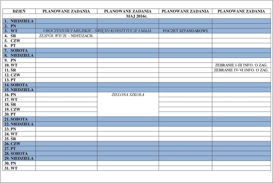 ŚR ZEBRANIE IV-VI INFO. O ZAG. 12. CZW 13. PT 14. SOBOTA 15. NIEDZIELA 16. PN ZIELONA SZKOŁA 17. WT 18. ŚR 19.