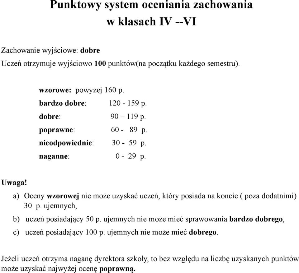 a) Oceny wzorowej nie może uzyskać uczeń, który posiada na koncie ( poza dodatnimi) 30 ujemnych, b) uczeń posiadający 50 ujemnych nie może mieć sprawowania