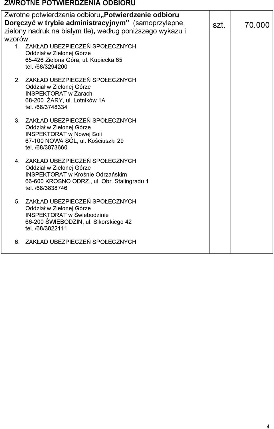 /68/3748334 3. ZAKŁAD UBEZPIECZEŃ SPOŁECZNYCH INSPEKTORAT w Nowej Soli 67-100 NOWA SÓL, ul. Kościuszki 29 tel. /68/3873660 4.