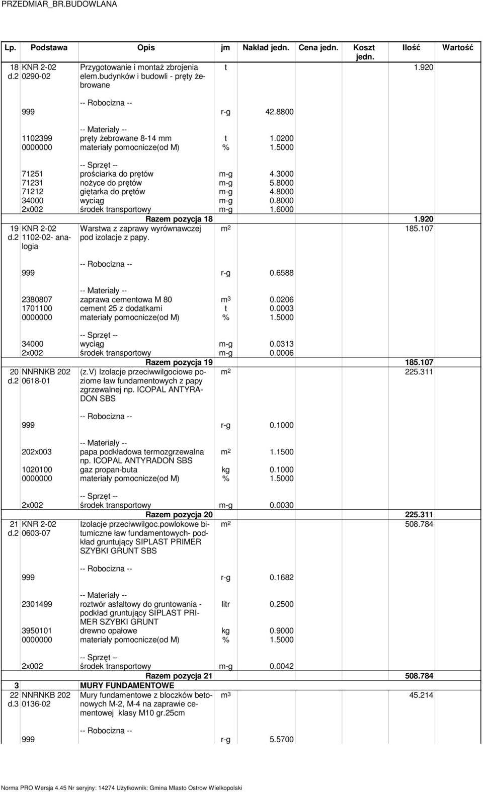 2 1102-02- analogia Warstwa z zaprawy wyrównawczej pod izolacje z papy. Razem pozycja 18 1.920 185.107 999 r-g 0.6588 2380807 zaprawa cementowa M 80 m 3 0.0206 1701100 cement 25 z dodatkami t 0.