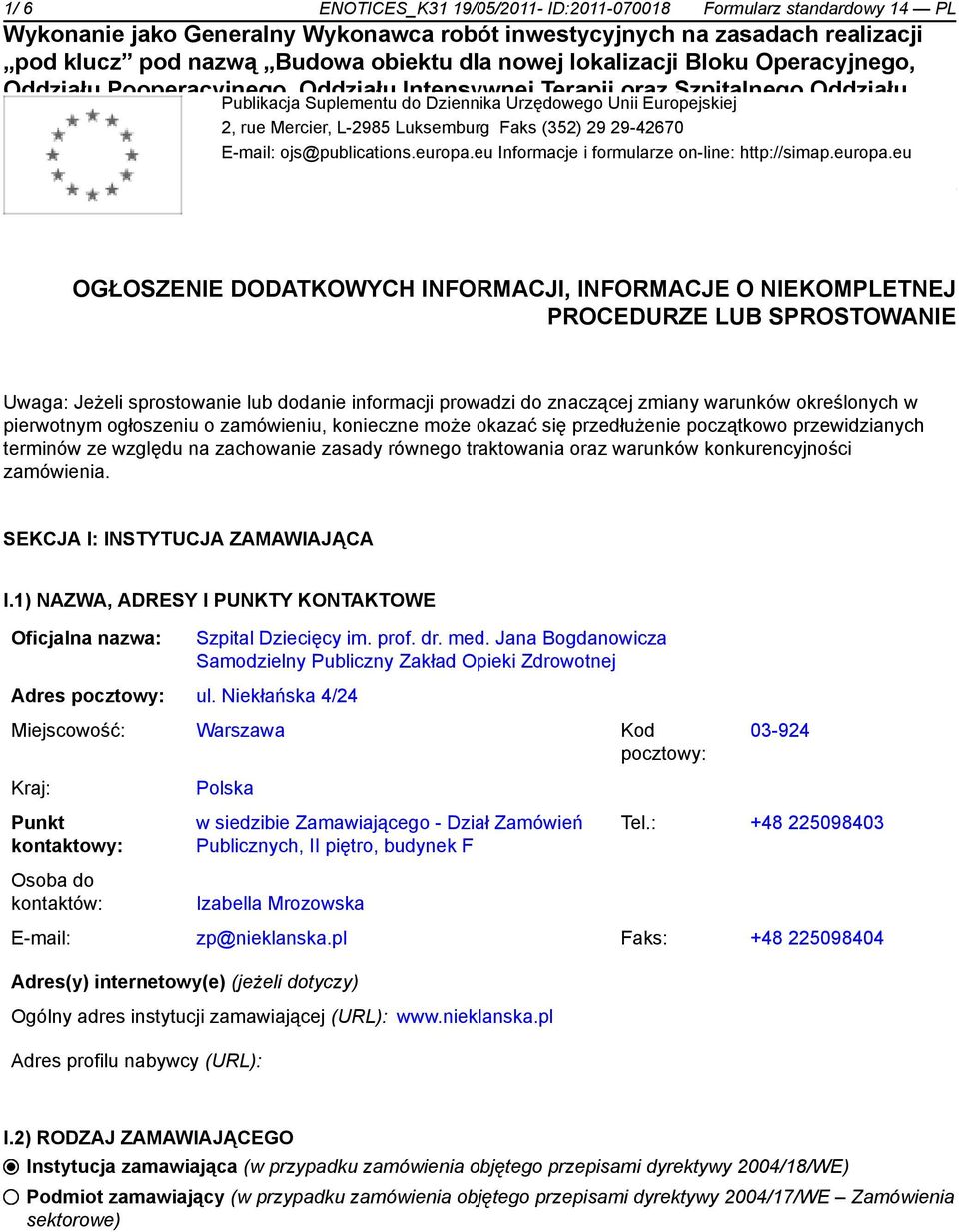 eu Samodzielnego Informacje Publicznego i formularze Zakładu on-line: Opieki http://simap.europa.