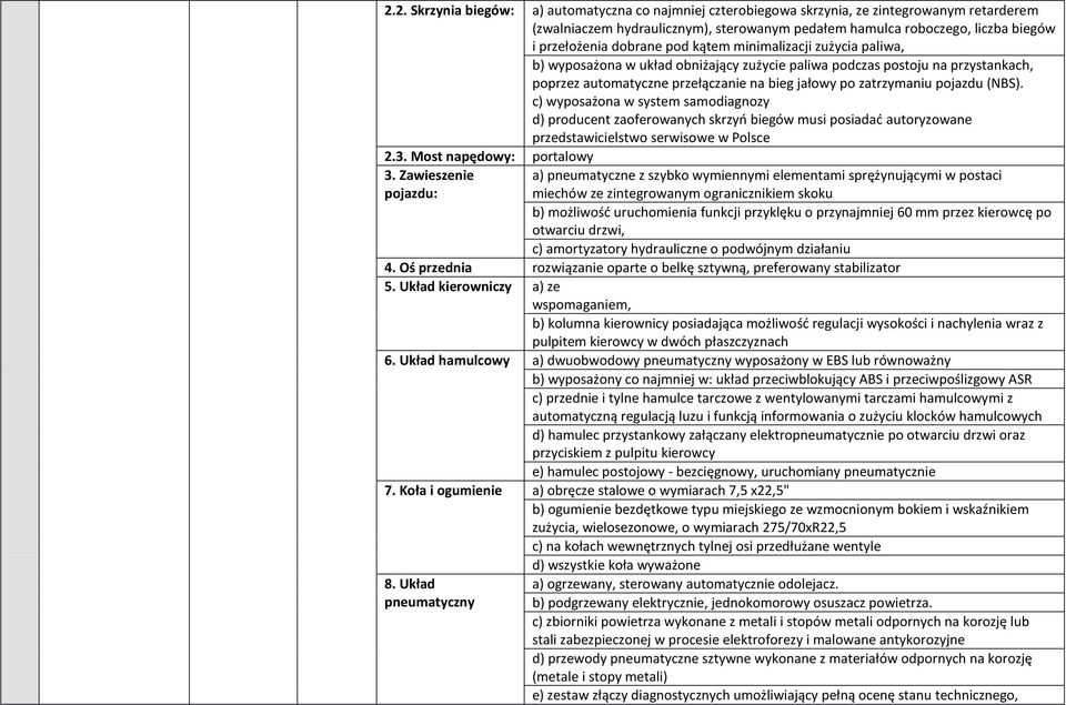 pojazdu (NBS). c) wyposażona w system samodiagnozy d) producent zaoferowanych skrzyń biegów musi posiadać autoryzowane przedstawicielstwo serwisowe w Polsce 2.3. Most napędowy: portalowy 3.