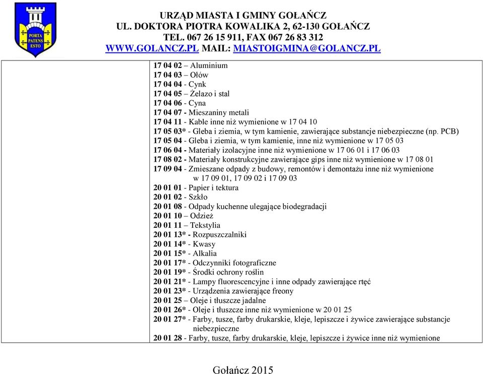 PCB) 17 05 04 - Gleba i ziemia, w tym kamienie, inne niż wymienione w 17 05 03 17 06 04 - Materiały izolacyjne inne niż wymienione w 17 06 01 i 17 06 03 17 08 02 - Materiały konstrukcyjne zawierające