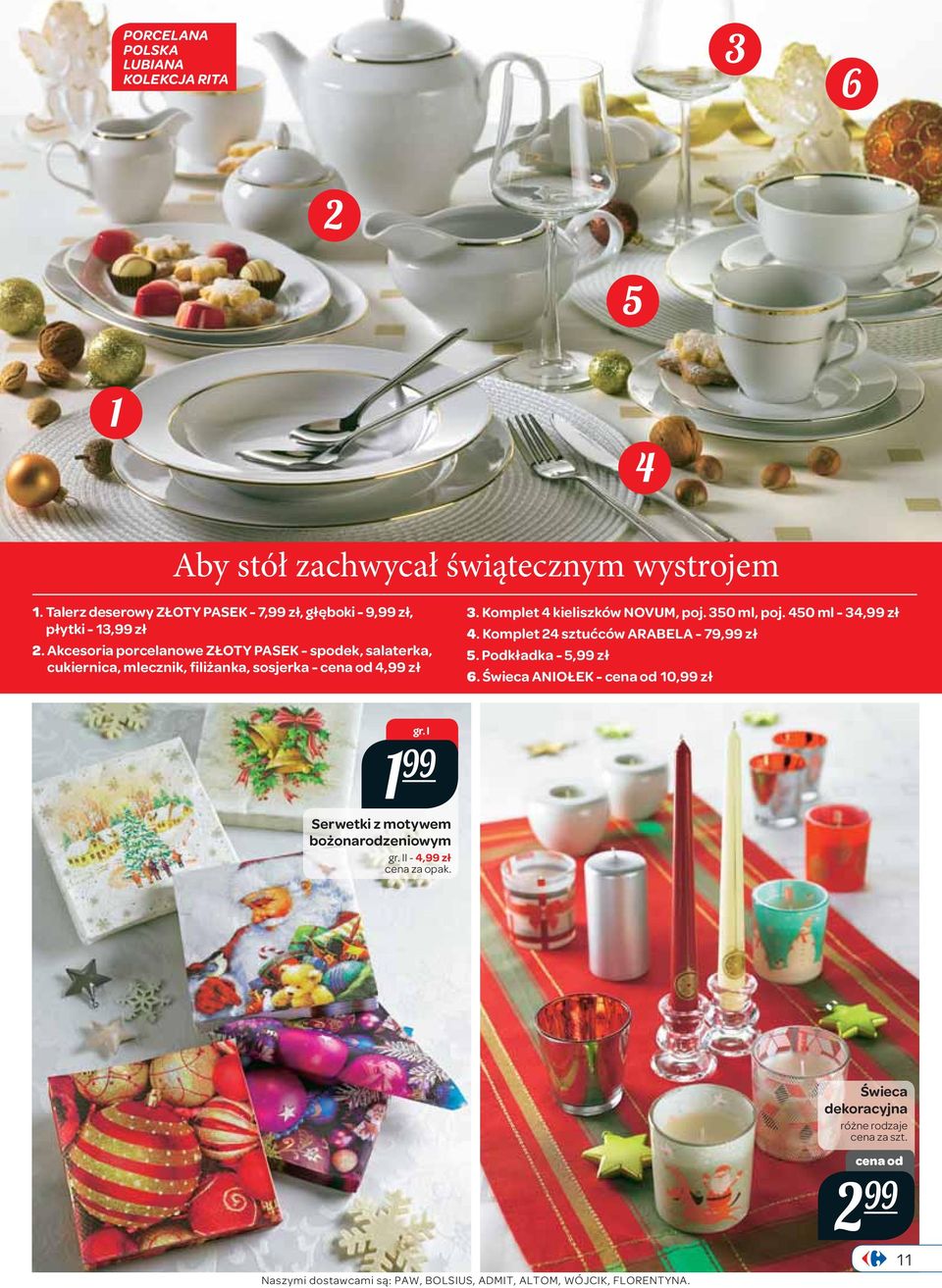Akcesoria porcelanowe ZŁOTY PASEK - spodek, salaterka, cukiernica, mlecznik, filiżanka, sosjerka - 4, zł 3. Komplet 4 kieliszków NOVUM, poj.